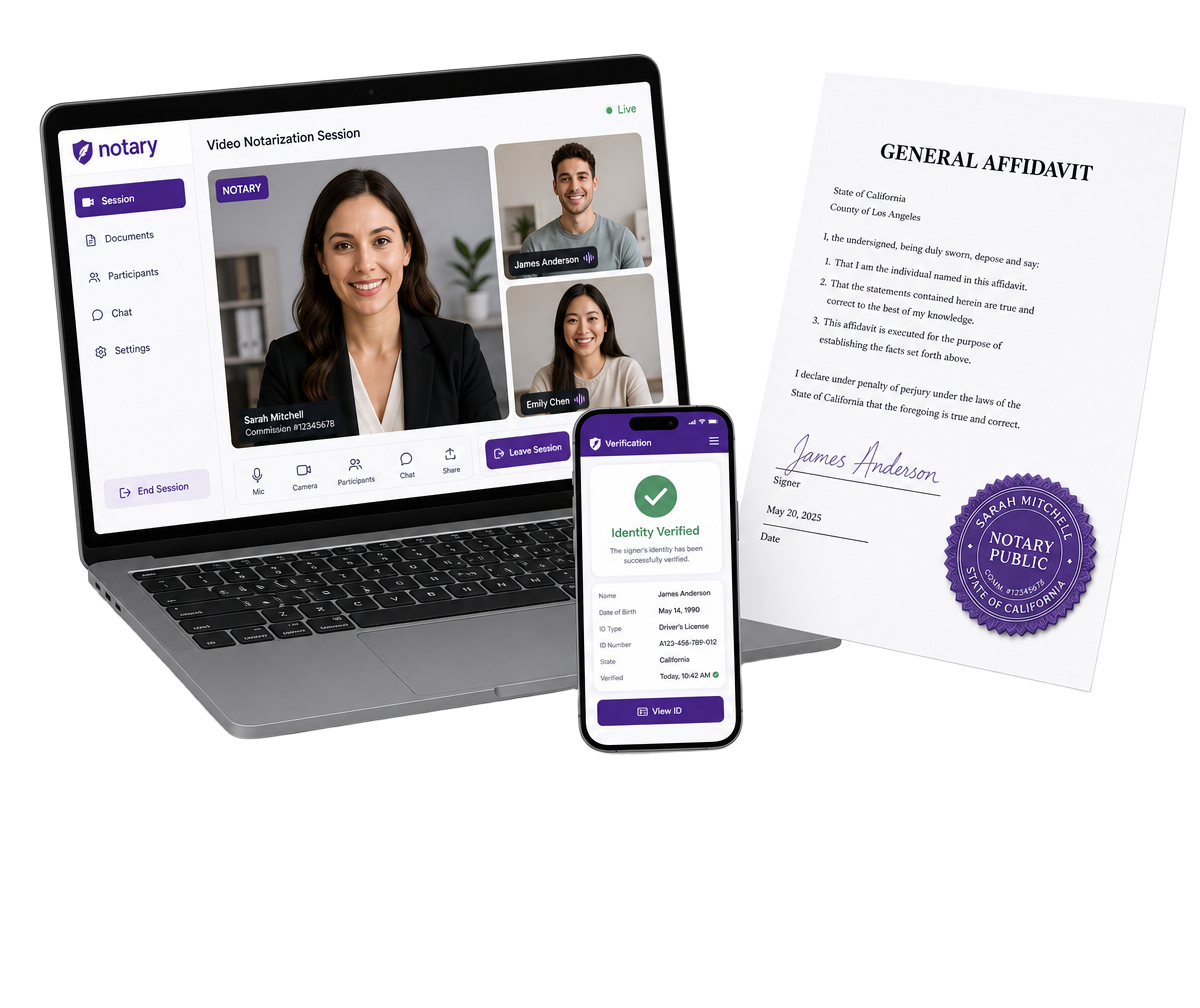 Video notarization session on a laptop, identity verification on a phone, and a notarized affidavit with a purple notary seal